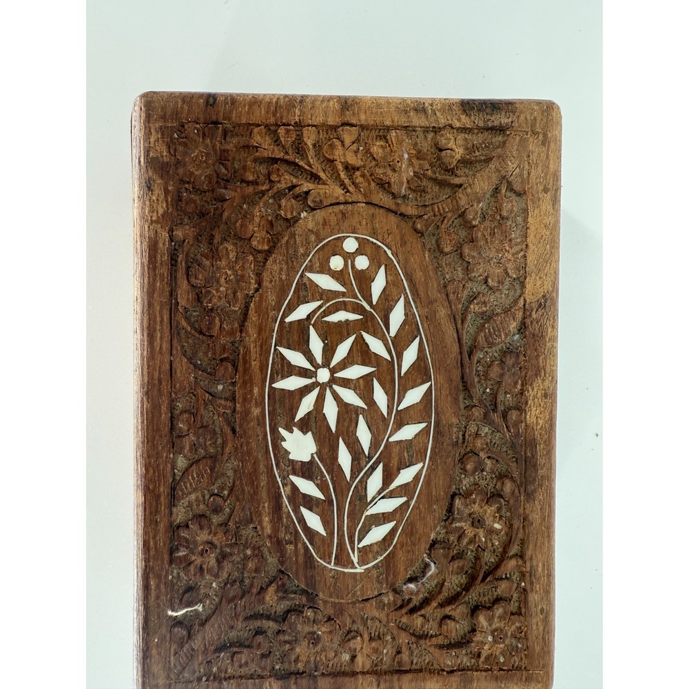 Vintage Sheesham Wood Jewelry Box Floral Carved Inlay‎ India 6.5x4.75x2.75 BoHo
